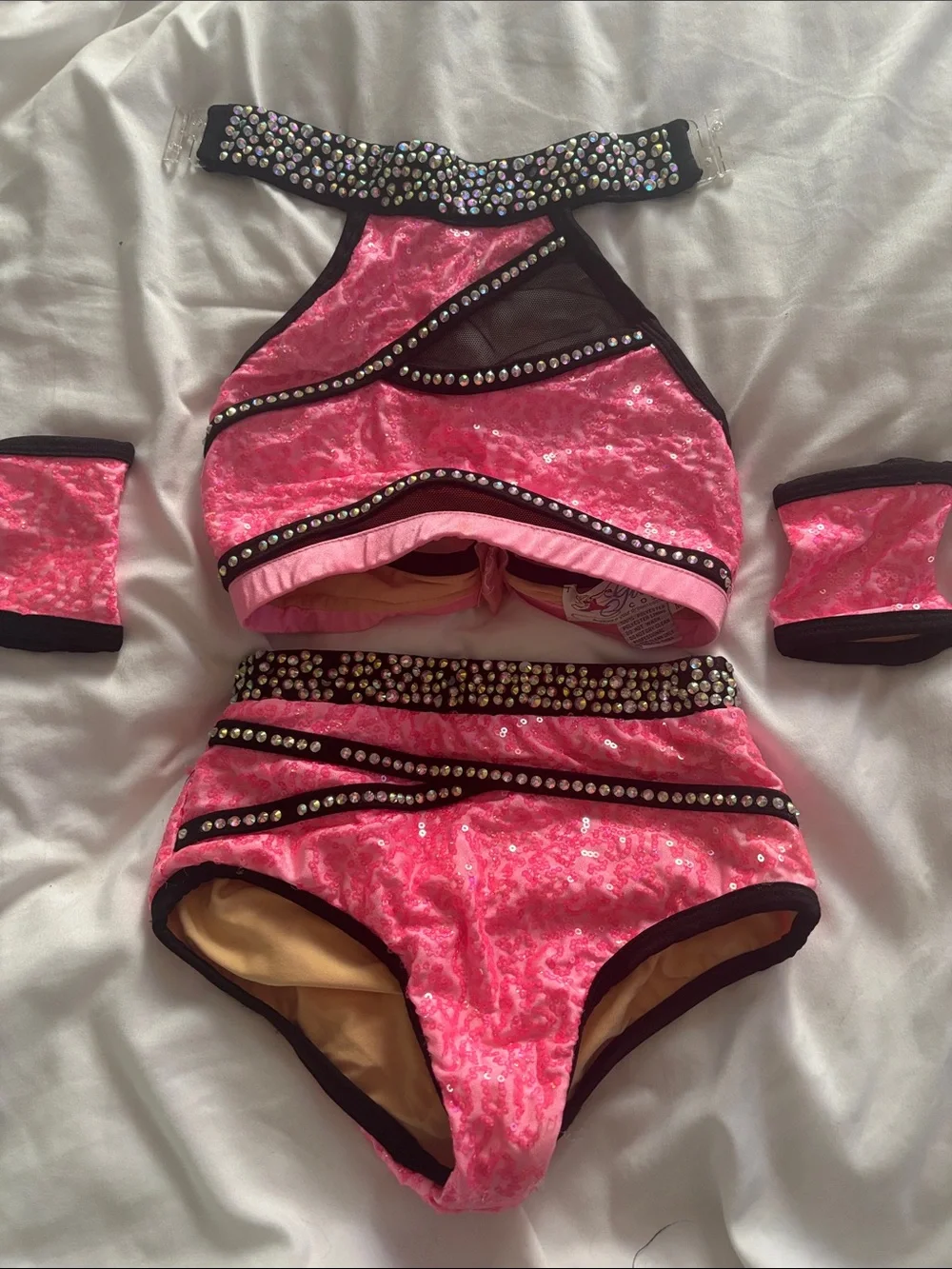 Glamour Hot Pink Sequin Two-Piece Dance Set with Rhinestones